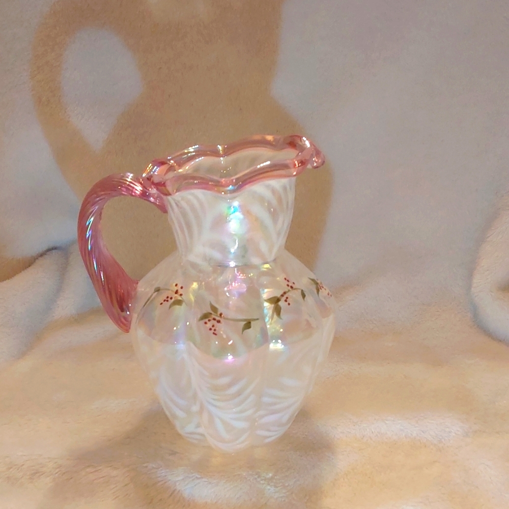 Fenton glass pitcher in French Opalescent w/ Rose Pink accents